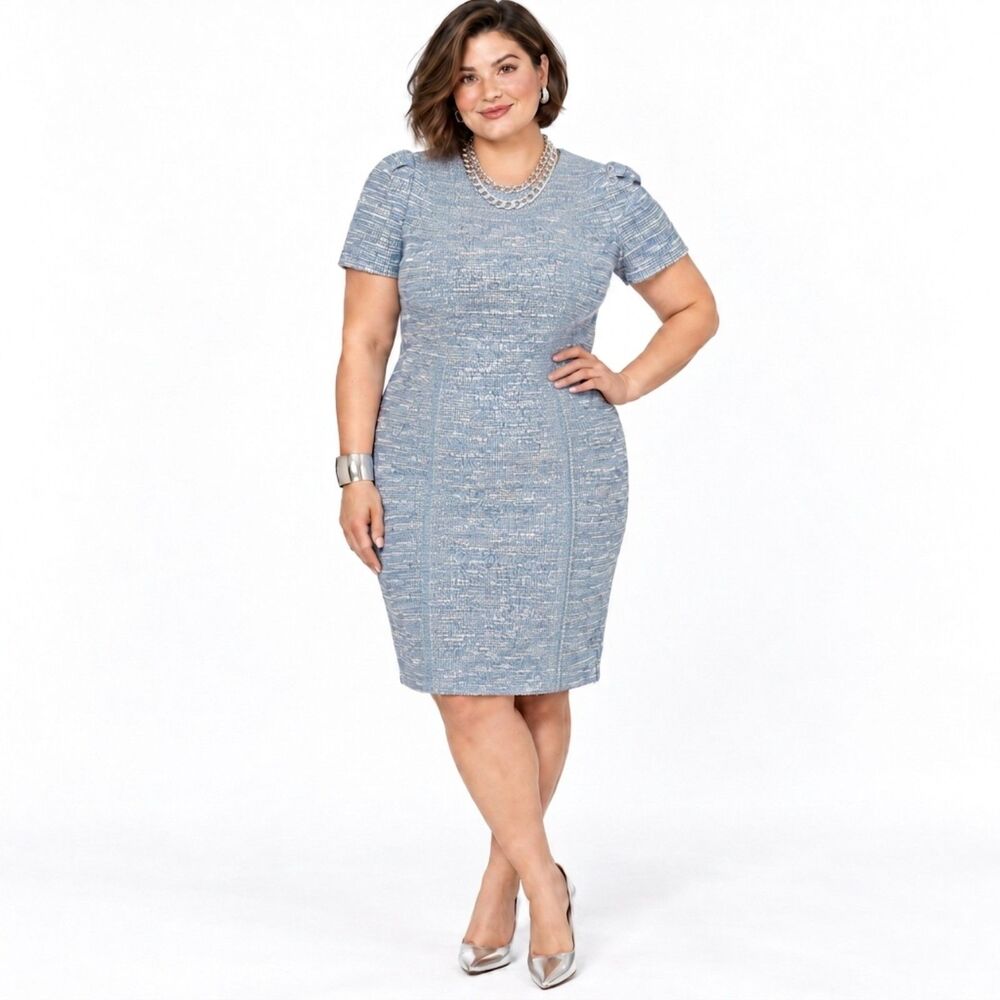 Calvin Klein Plus Size 20W Blue Jewel-Neck Tweed Sheath Dress NWT Career Office